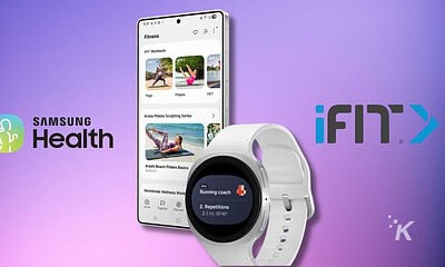 Samsung Health app interface showing workout options with a Samsung Galaxy Watch active displaying a running coach feature, on a purple gradient background.