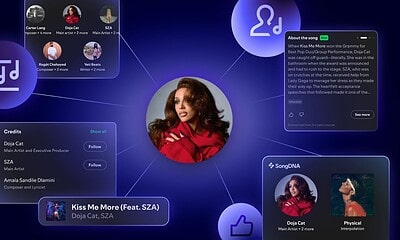 A digital collage featuring a female artist with flowing hair and a red scarf, surrounded by music and social media icons, song information, and credits, showcasing music promotion and digital media marketing.