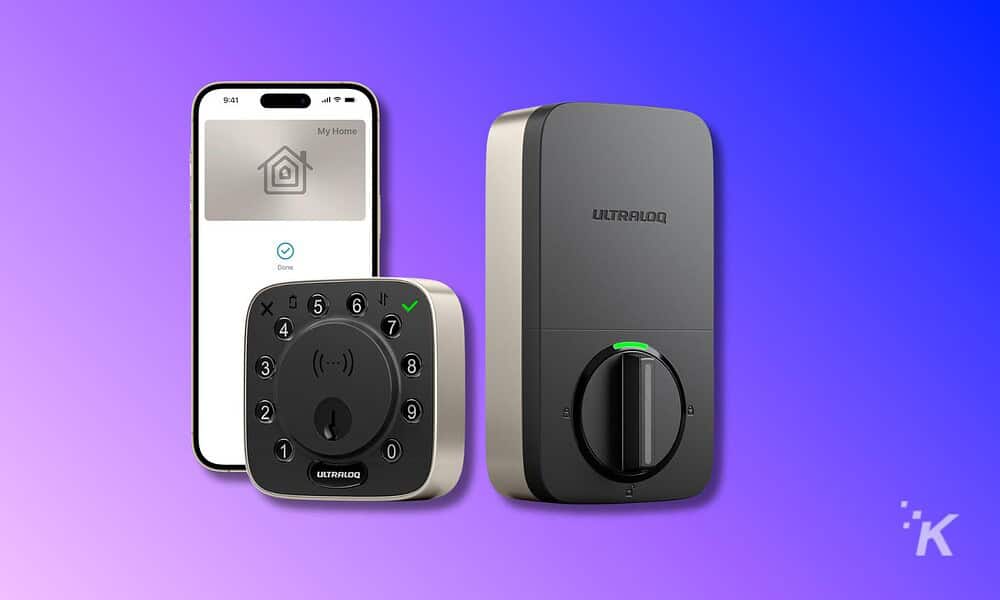 ULTRALOQ smart lock system with keypad and mobile app control on a gradient purple and blue background.