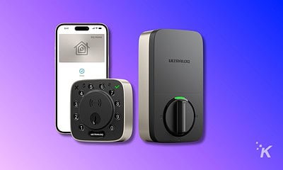 ULTRALOQ smart lock system with keypad and mobile app control on a gradient purple and blue background.