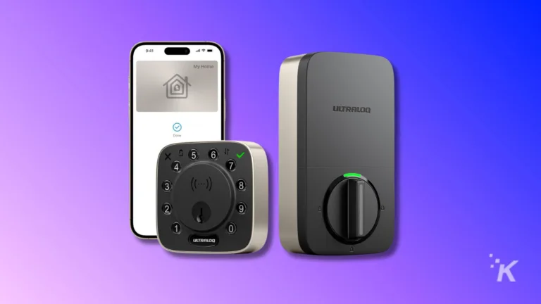 ULTRALOQ smart lock system with keypad and mobile app control on a gradient purple and blue background.