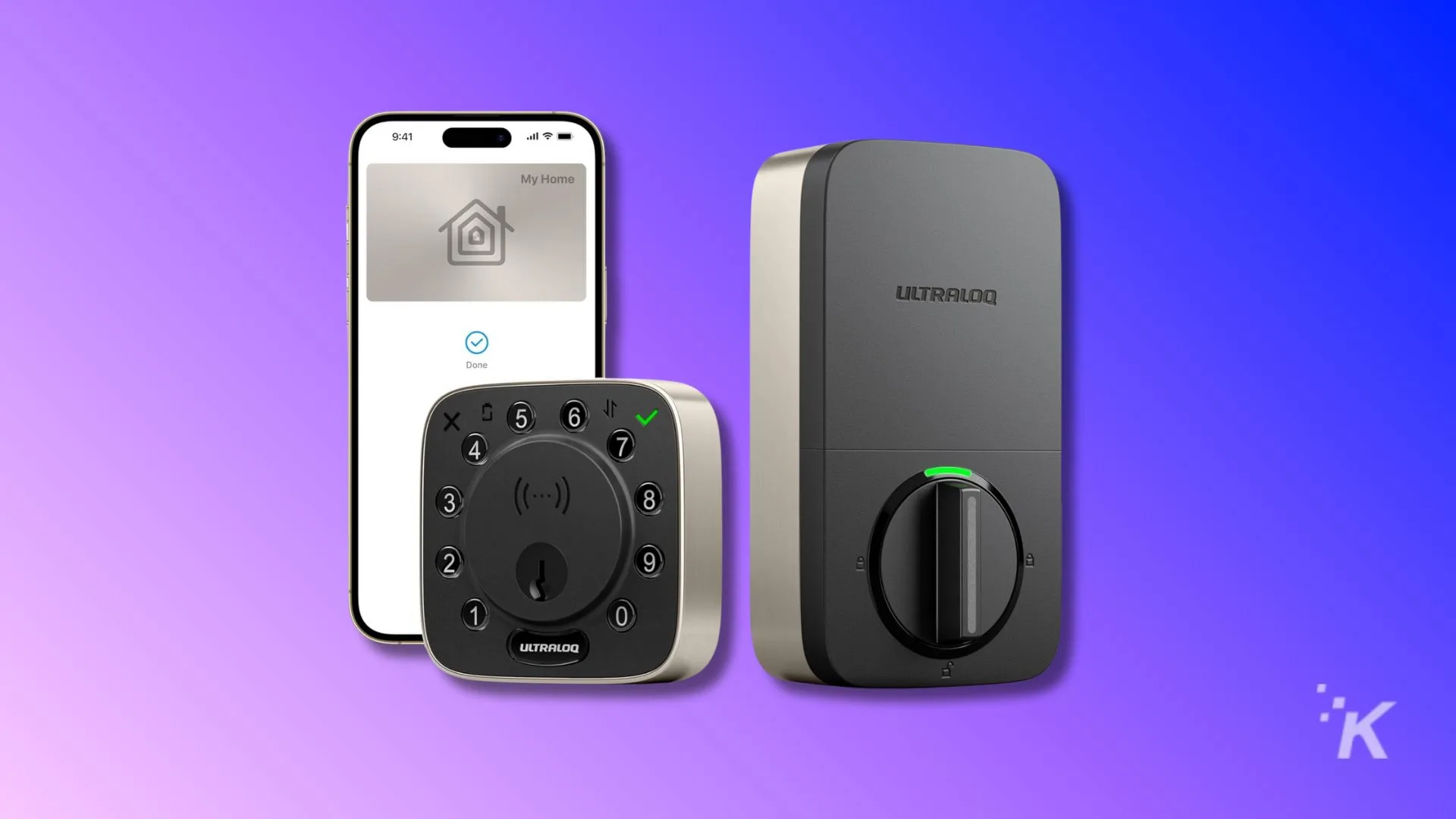 ULTRALOQ smart lock system with keypad and mobile app control on a gradient purple and blue background.