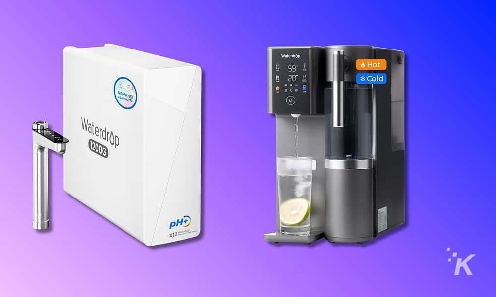 Filtered water dispenser with pH upgrade system and water filtration, featuring hot and cold water options for home or office use.