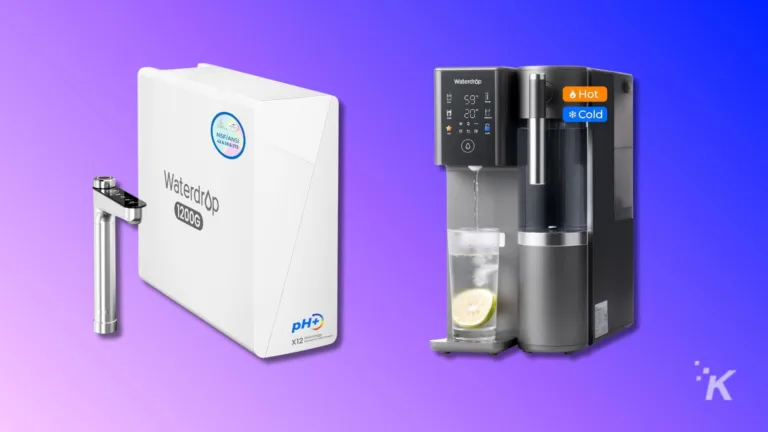 Filtered water dispenser with pH upgrade system and water filtration, featuring hot and cold water options for home or office use.