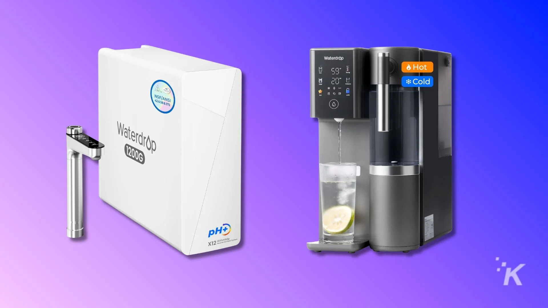 Filtered water dispenser with pH upgrade system and water filtration, featuring hot and cold water options for home or office use.