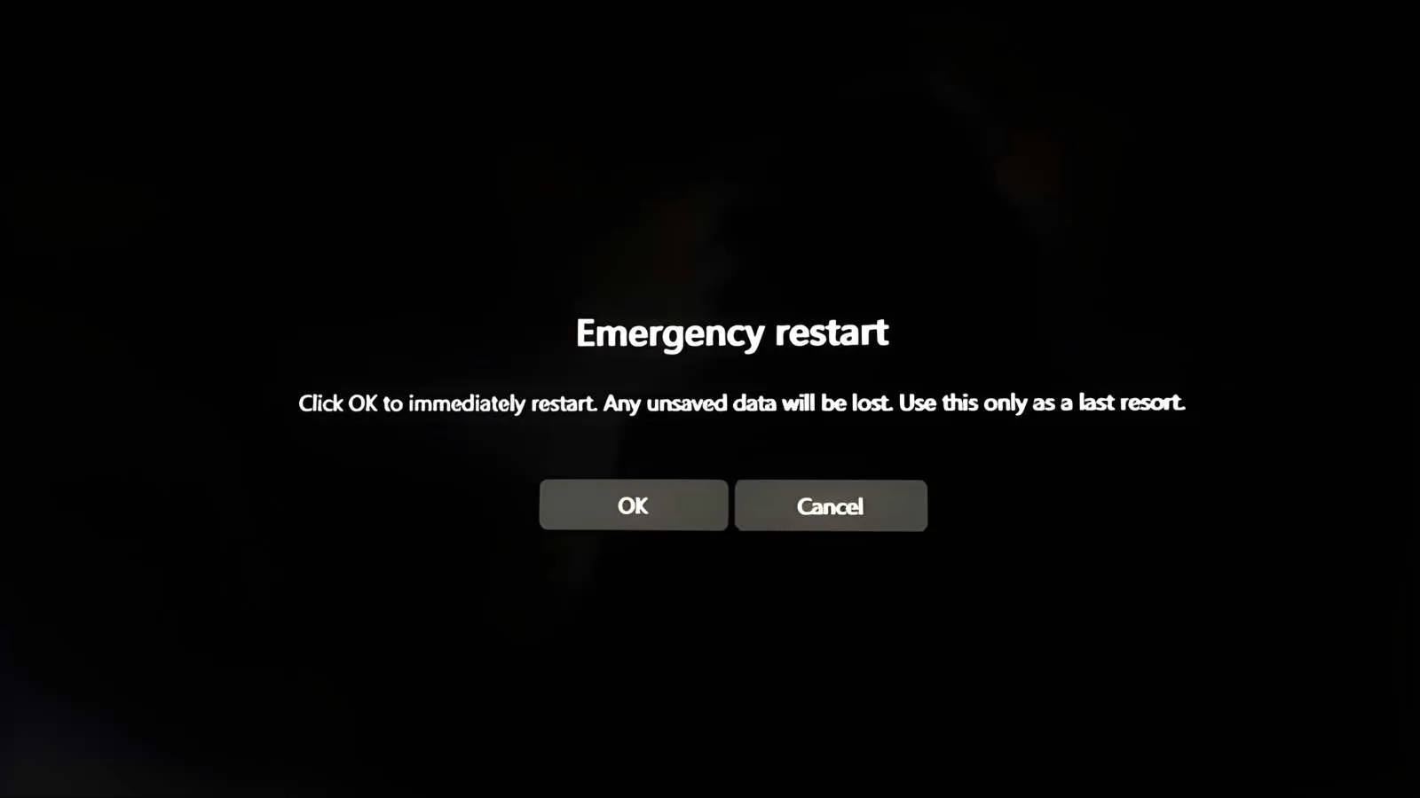 Emergency restart screen with OK and Cancel buttons.