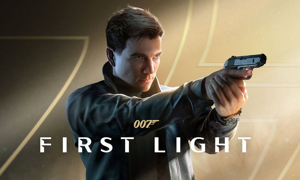 A male character in a black jacket holding a gun, set against a glowing, modern backdrop, representing excitement, espionage, and action in the film.