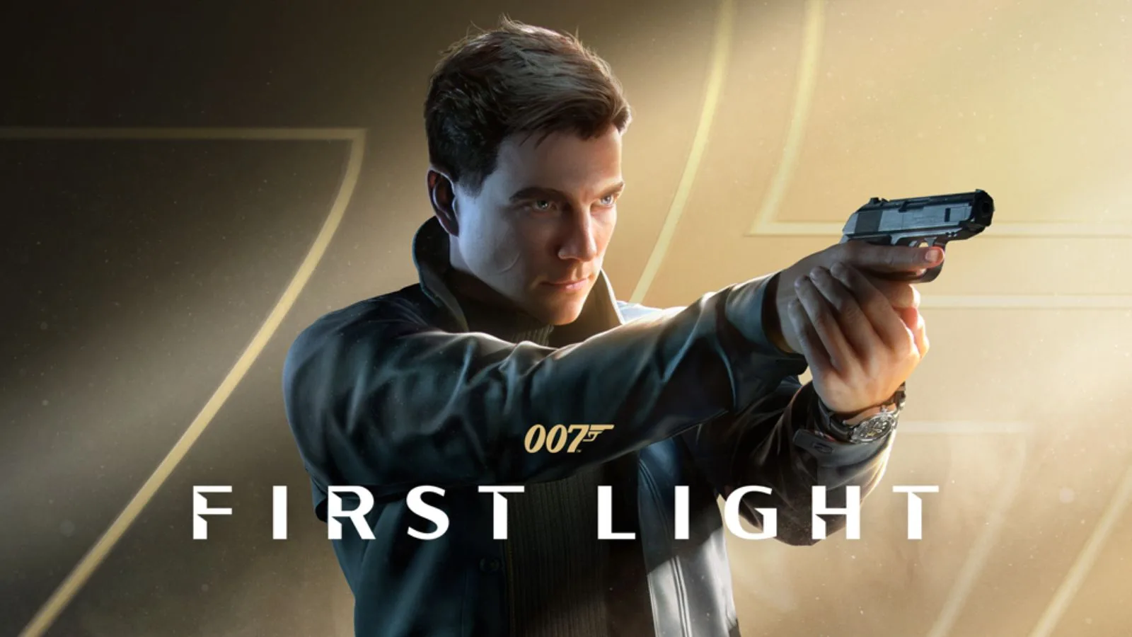 A male character in a black jacket holding a gun, set against a glowing, modern backdrop, representing excitement, espionage, and action in the film.