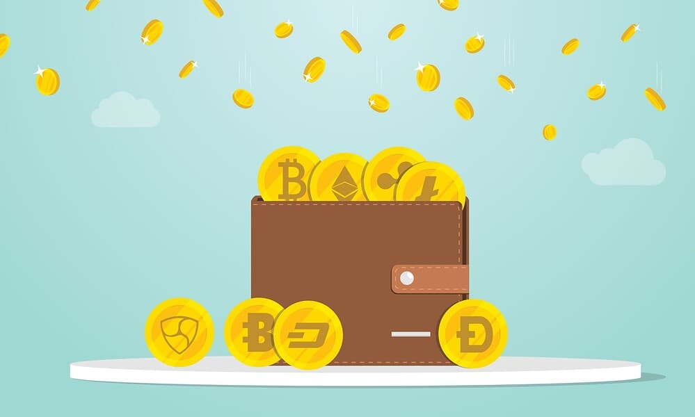 Crypto wallet with bitcoin and altcoin icons, illustrating digital currency storage, investment, and the rise of cryptocurrencies in financial markets.