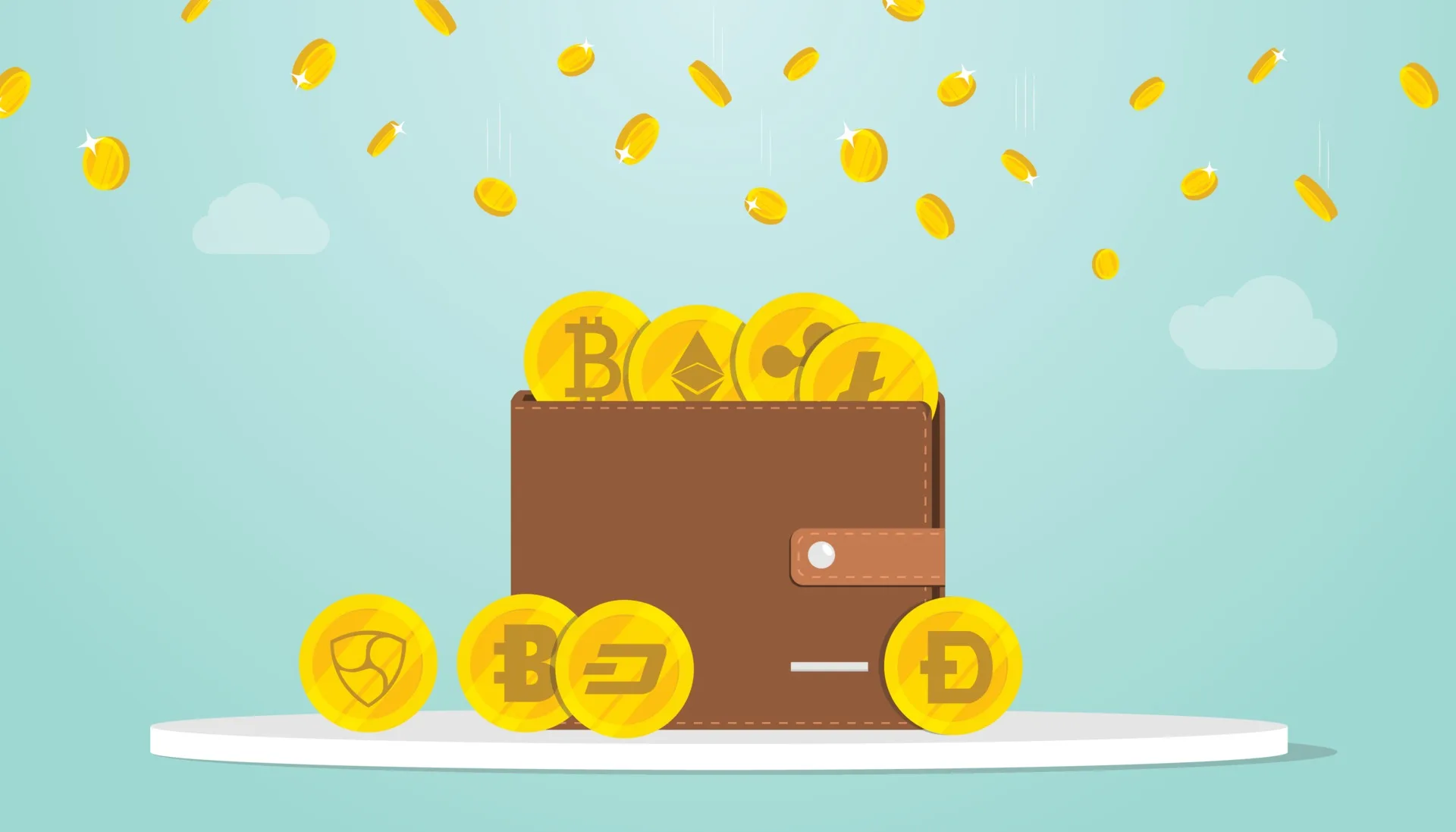 Crypto wallet with bitcoin and altcoin icons, illustrating digital currency storage, investment, and the rise of cryptocurrencies in financial markets.