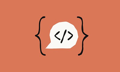 An illustration of a speech bubble with coding brackets and a slash inside, surrounded by curly braces, representing programming, coding, and tech support.