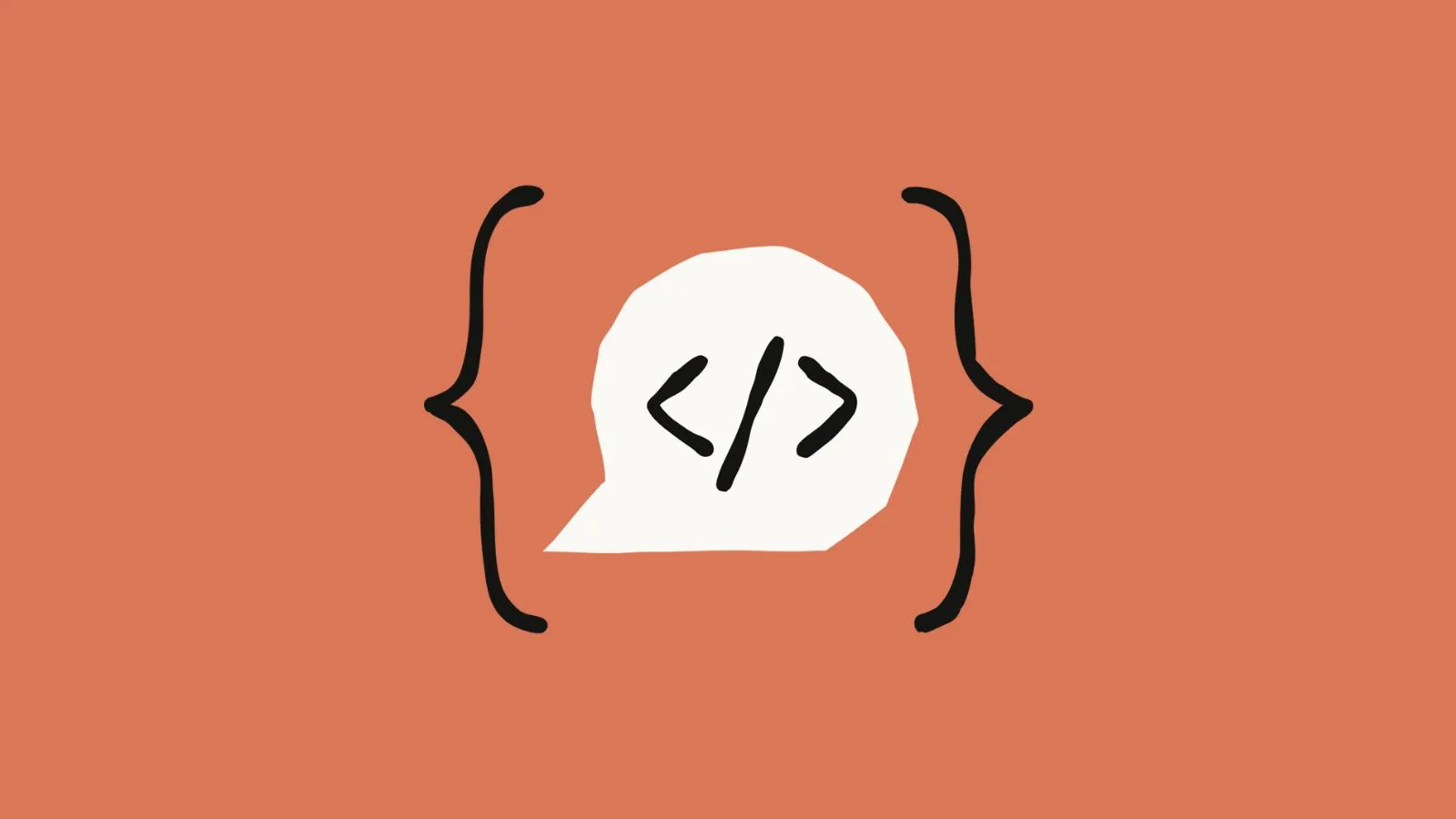 An illustration of a speech bubble with coding brackets and a slash inside, surrounded by curly braces, representing programming, coding, and tech support.
