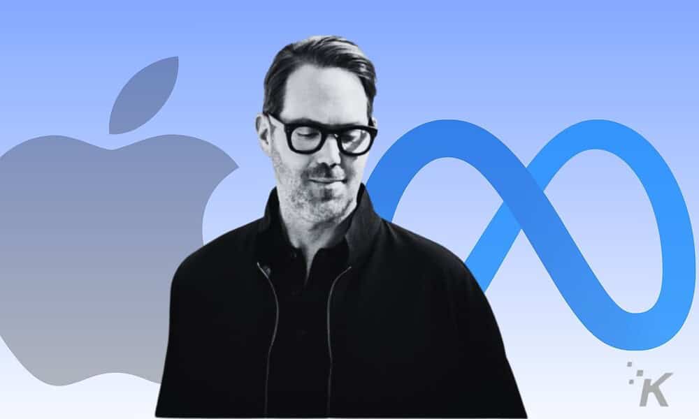 Black-and-white photo of a man wearing glasses surrounded by Apple and Meta logos, highlighting leadership in the tech industry and innovation in technology companies.