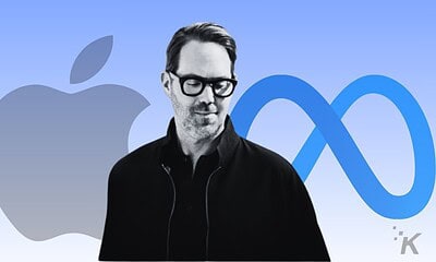 Black-and-white photo of a man wearing glasses surrounded by Apple and Meta logos, highlighting leadership in the tech industry and innovation in technology companies.