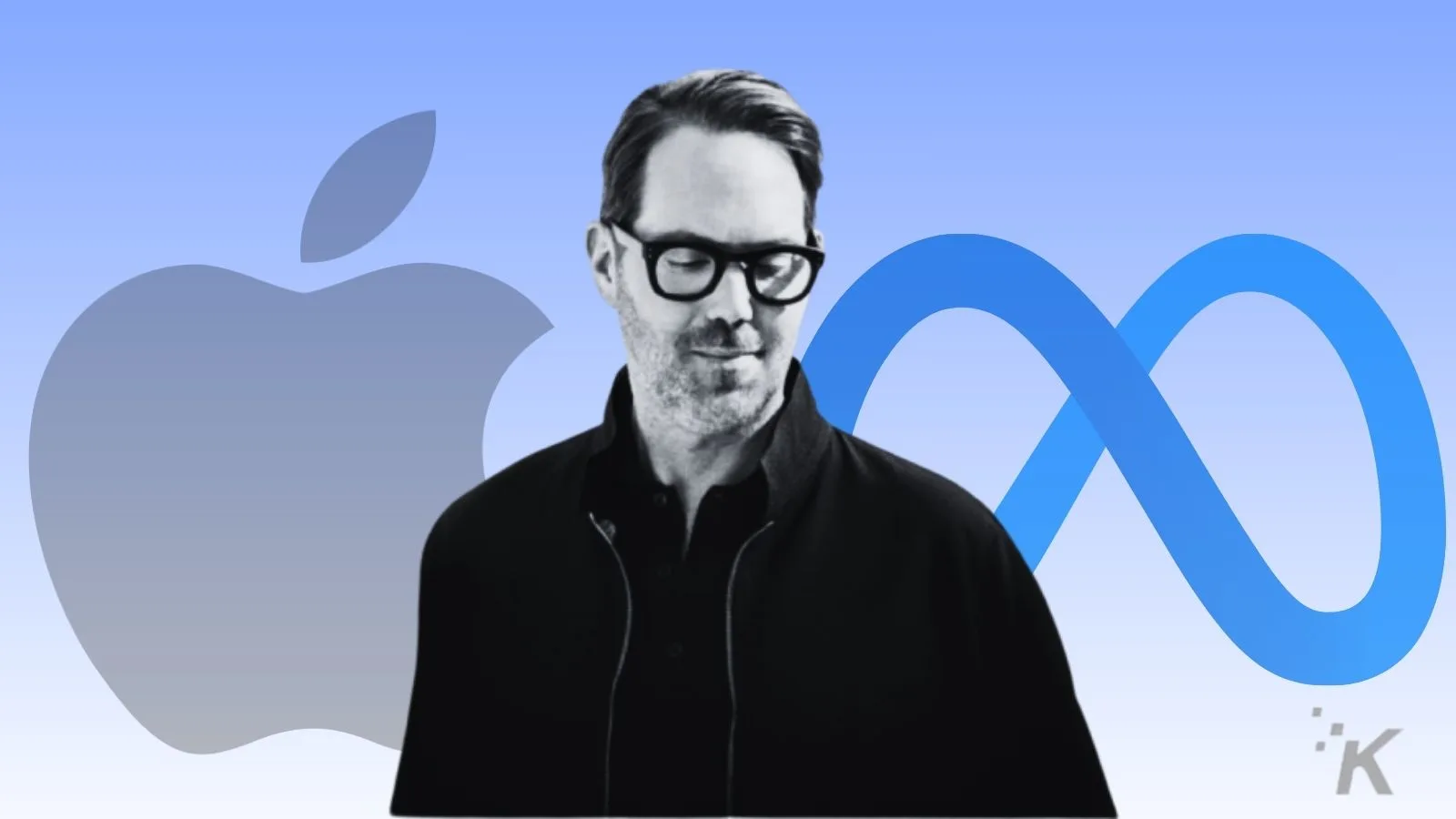 Black-and-white photo of a man wearing glasses surrounded by Apple and Meta logos, highlighting leadership in the tech industry and innovation in technology companies.