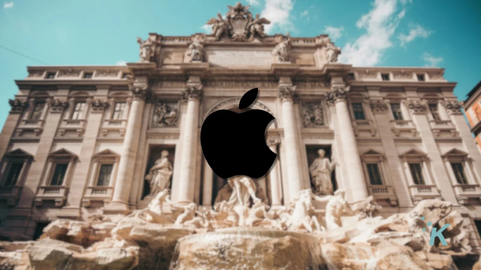 Bold black Apple logo overlay on historic building, showcasing Apple's iconic branding and modern technology presence in Rome with classical architecture and clear blue sky.