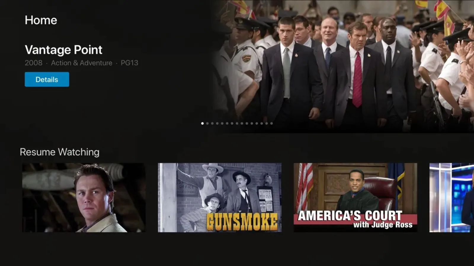 A promotional image for the film Vantage Point showing a cityscape scene with police officers and suited men, highlighting the action & adventure genre from 2008, perfect for viewers interested in thrillers and police dramas.