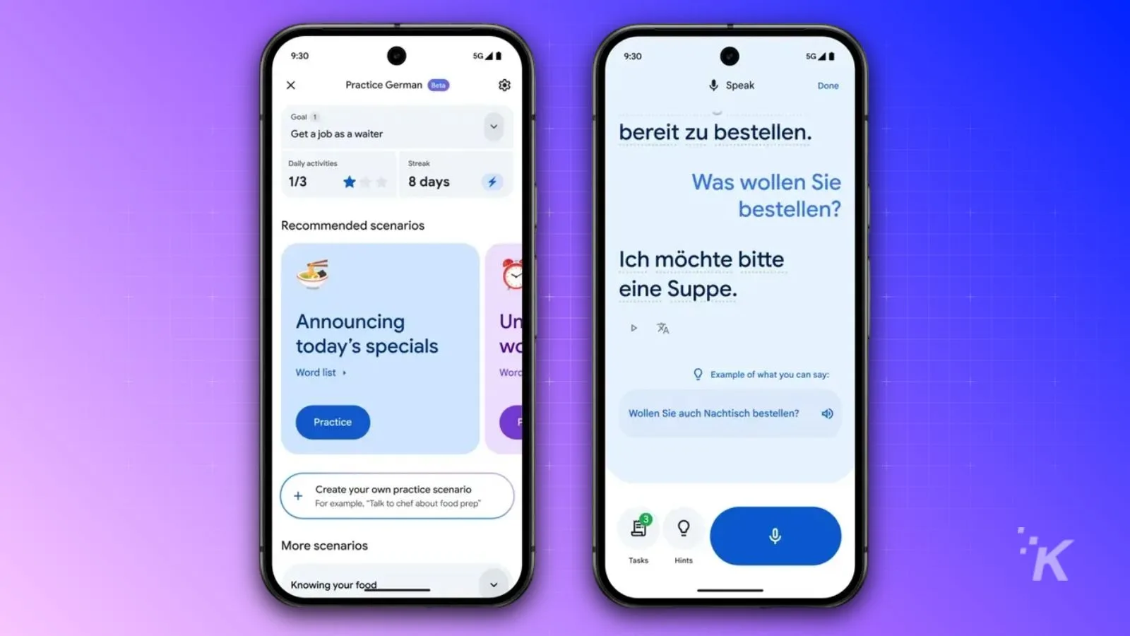 Bright smartphone screens showing language learning features, including practice scenarios and speech recognition, highlight innovative technology in language education.