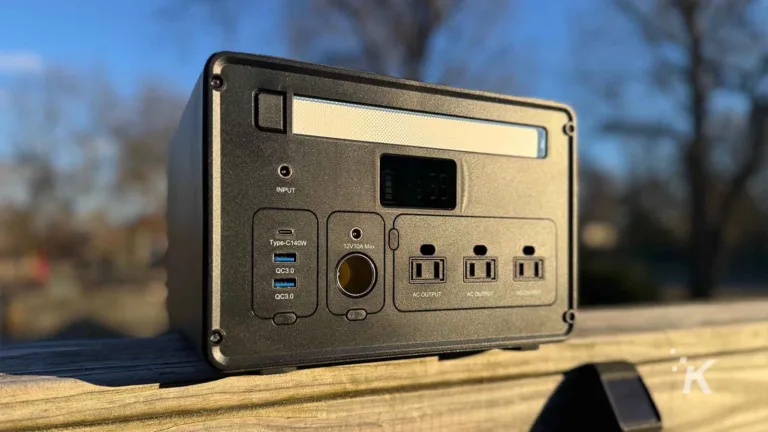 Mobile power station with USB-C, USB-A, AC outlets, and digital display, designed for portable charging and outdoor power needs.