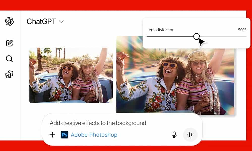 Vibrant photo editing with lens distortion adjustment for creative effects.