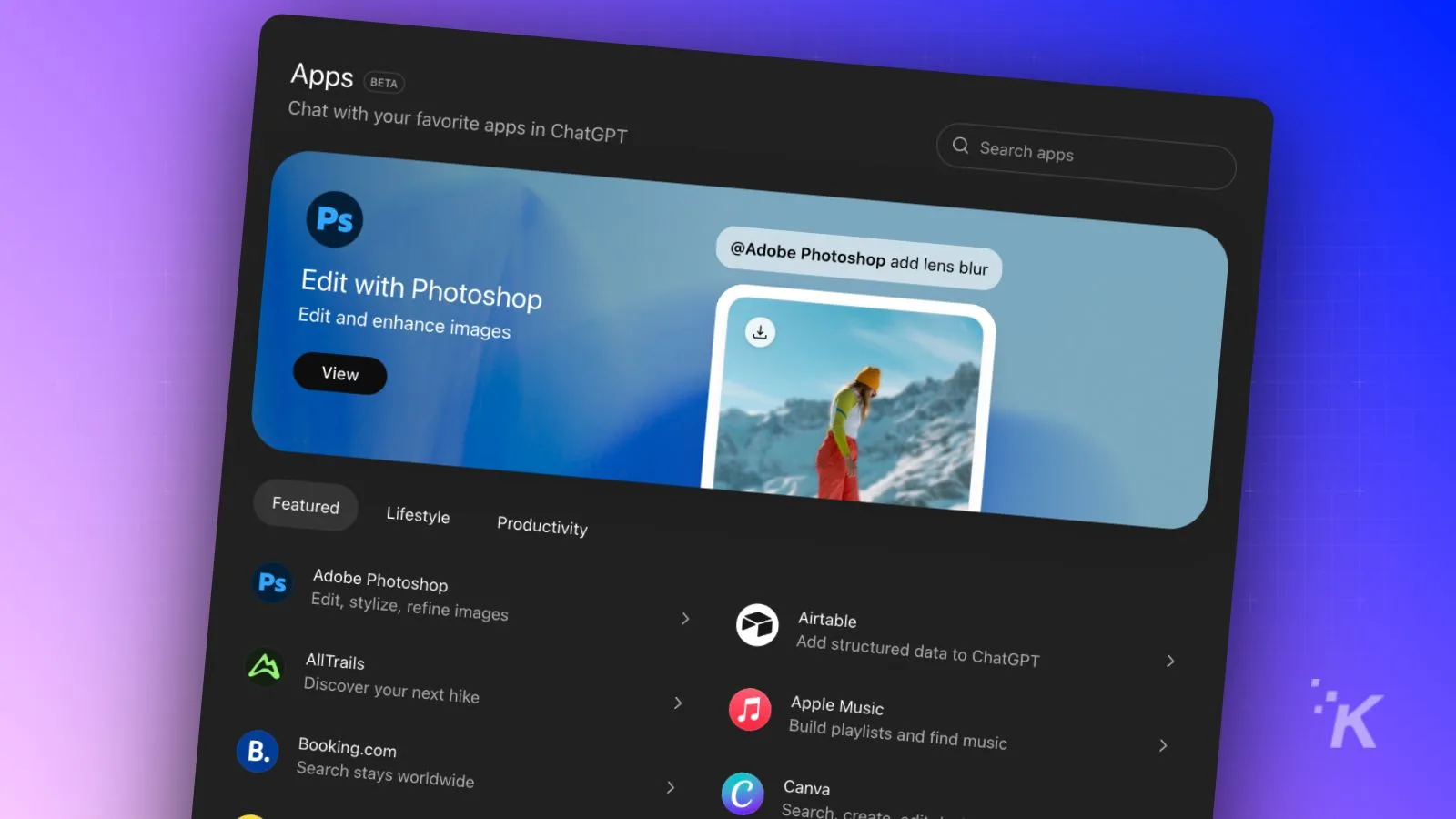 Screenshot of a digital app dashboard featuring tools like Photoshop, Airtable, Apple Music, Canva, and Booking.com for productivity and image editing.
