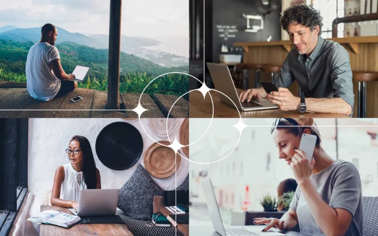 Young person using a laptop outdoors with scenic mountain view.
