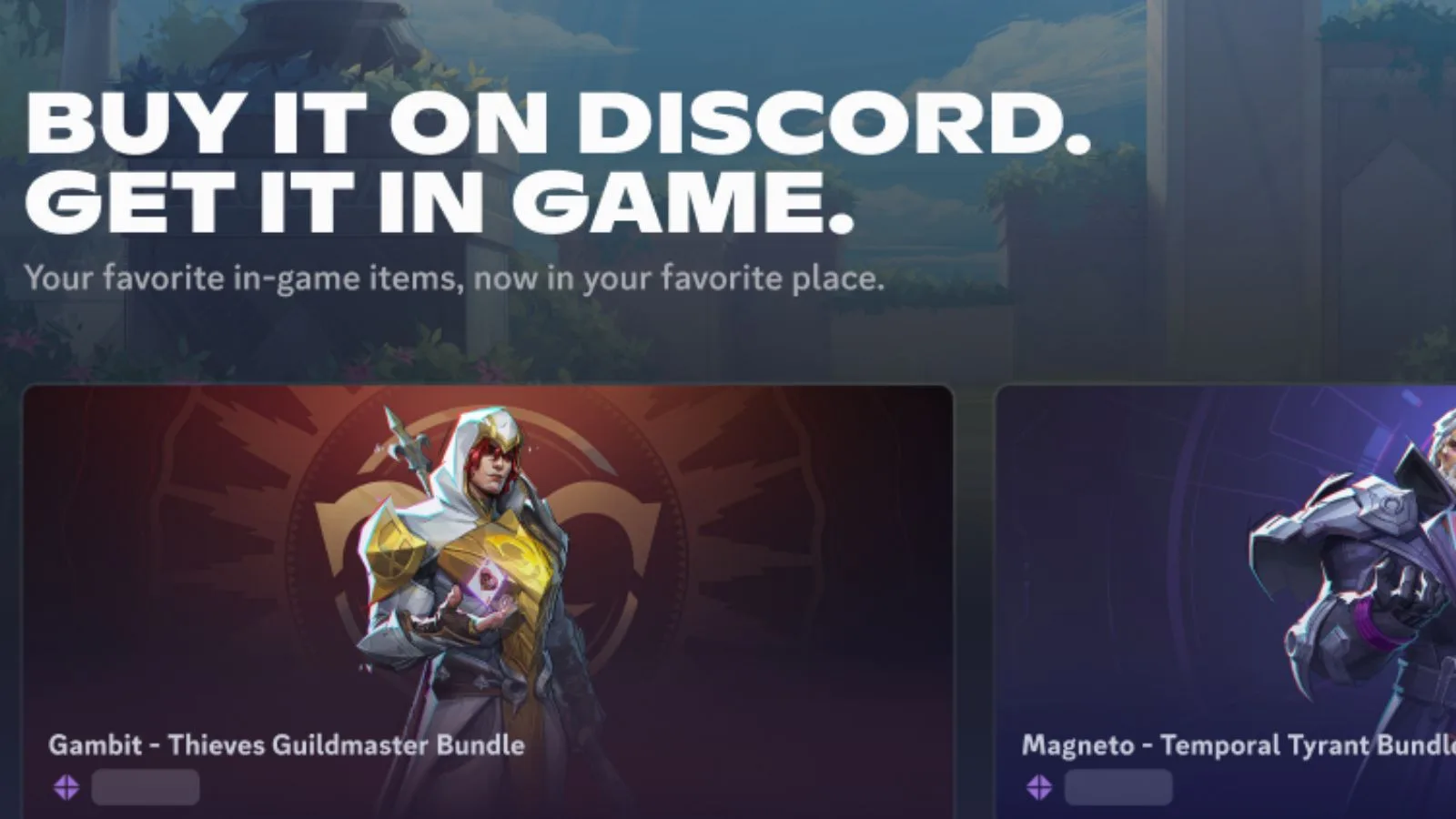 Image showing popular in-game items for Discord, including bundles like Gambit - Thieves Guildmaster and Magneto - Temporal Tyrant, showcasing digital gaming and in-game purchases.