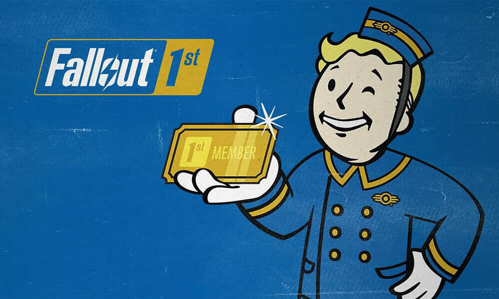 A cartoon vault boy from Fallout holding a "1st Member" badge, set against a textured blue background. The image promotes Fallout's premium membership, featuring retro-style artwork, gaming elements, and a focus on exclusive benefits for members. The design emphasizes the game's iconic character and special privileges for players, appealing to gaming fans and Fallout enthusiasts alike.