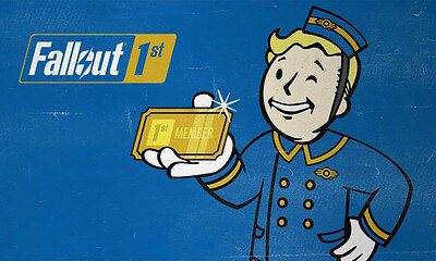 A cartoon vault boy from Fallout holding a "1st Member" badge, set against a textured blue background. The image promotes Fallout's premium membership, featuring retro-style artwork, gaming elements, and a focus on exclusive benefits for members. The design emphasizes the game's iconic character and special privileges for players, appealing to gaming fans and Fallout enthusiasts alike.