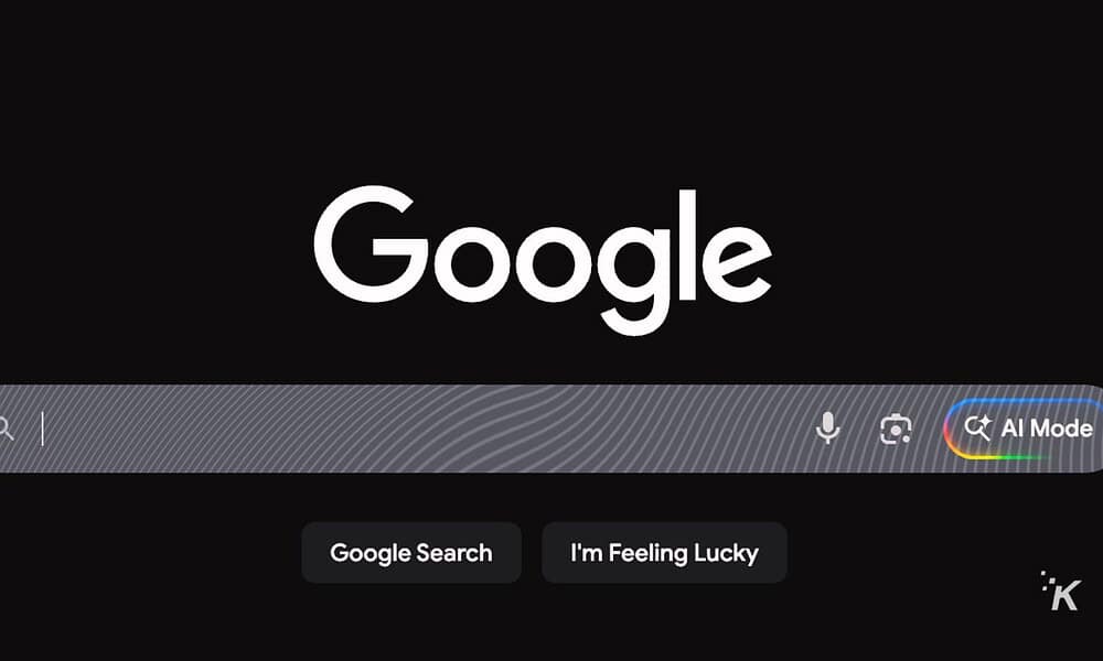 A dark mode Google search homepage featuring a prominent white Google logo, search bar, microphone icon, and "I'm Feeling Lucky" button, optimized for user-friendly browsing and SEO.