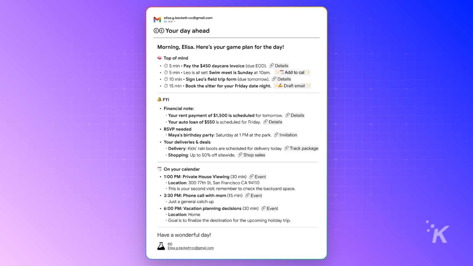 Colored gradient background with a screenshot of an email to-do list, including scheduled tasks, reminders, and upcoming events for efficient daily planning and productivity.