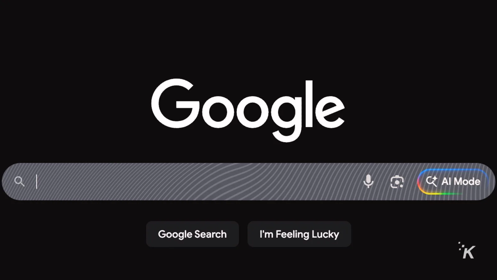 A dark mode Google search homepage featuring a prominent white Google logo, search bar, microphone icon, and "I'm Feeling Lucky" button, optimized for user-friendly browsing and SEO.
