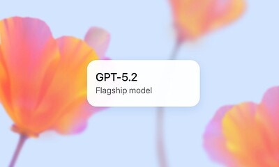 A digital graphic features a label "GPT-5.2" with the description "Flagship model" over a soft-focus background of colorful flowers, illustrating advanced AI technology. Perfect for technology news, AI innovations, and digital development topics.