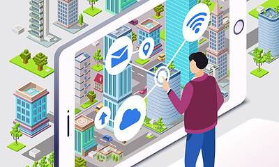 A person interacts with a 3D touch screen displaying city icons for email, location, cloud, and Wi-Fi in a smart city environment, emphasizing modern connectivity and digital infrastructure.