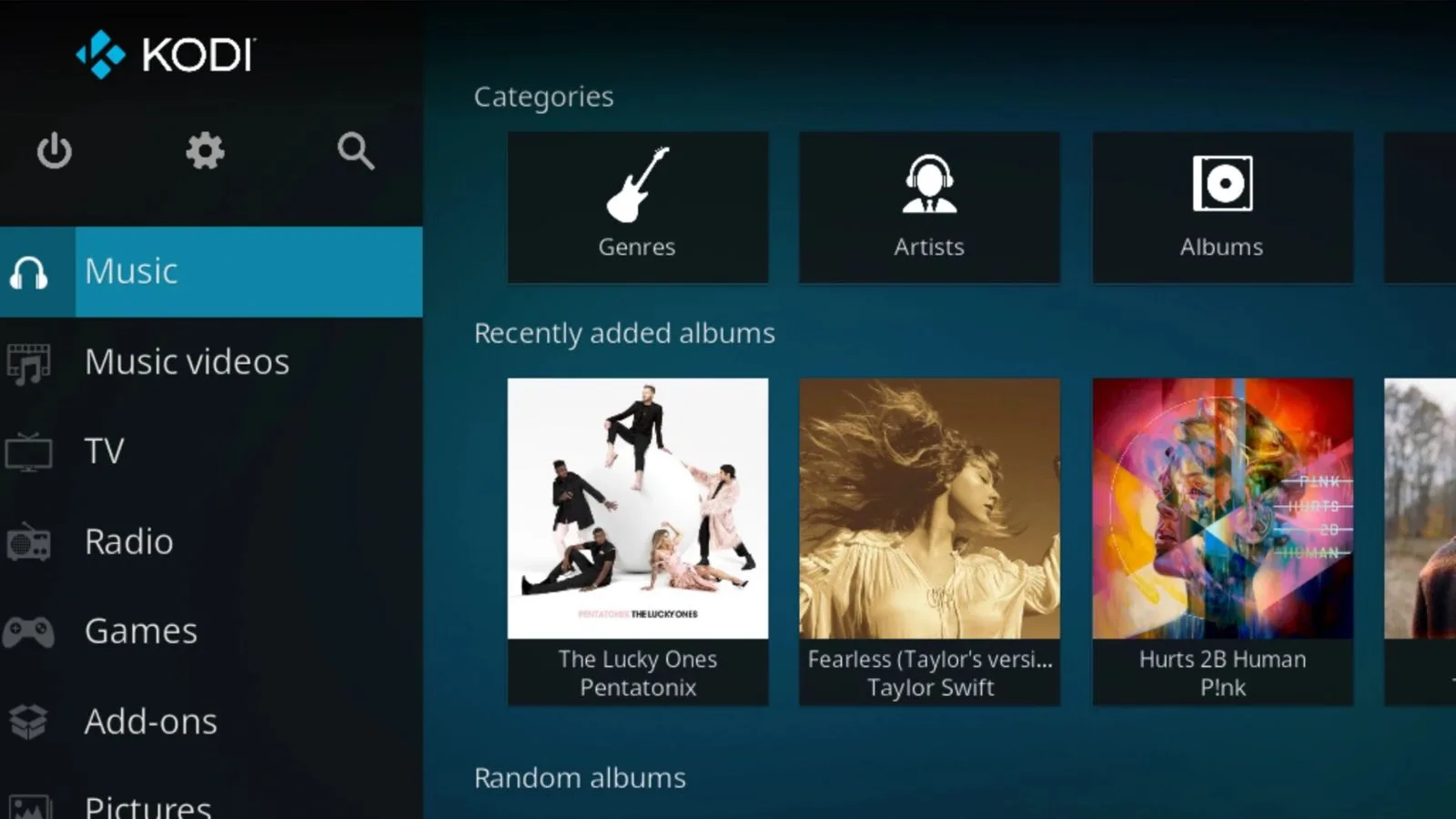 Kodi interface showing music categories and albums.