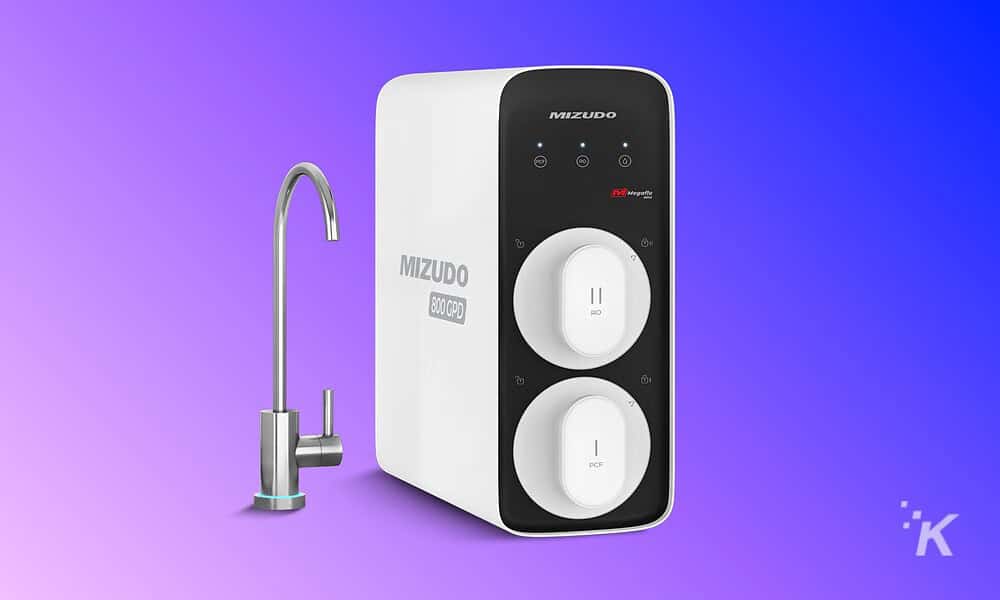 High-resolution image of Mizudo water purifier featuring dual filtration stages and a stylish faucet for clean drinking water.