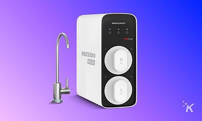 High-resolution image of Mizudo water purifier featuring dual filtration stages and a stylish faucet for clean drinking water.