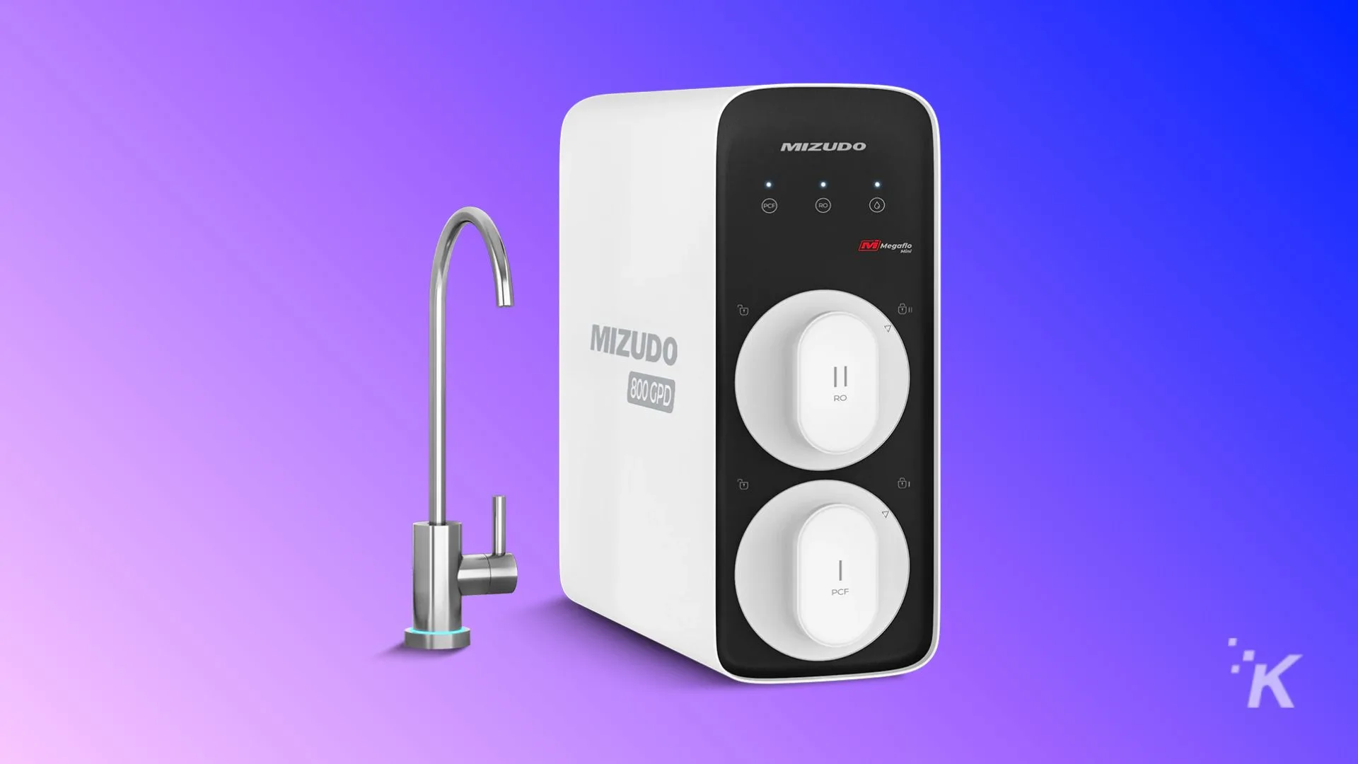 High-resolution image of Mizudo water purifier featuring dual filtration stages and a stylish faucet for clean drinking water.