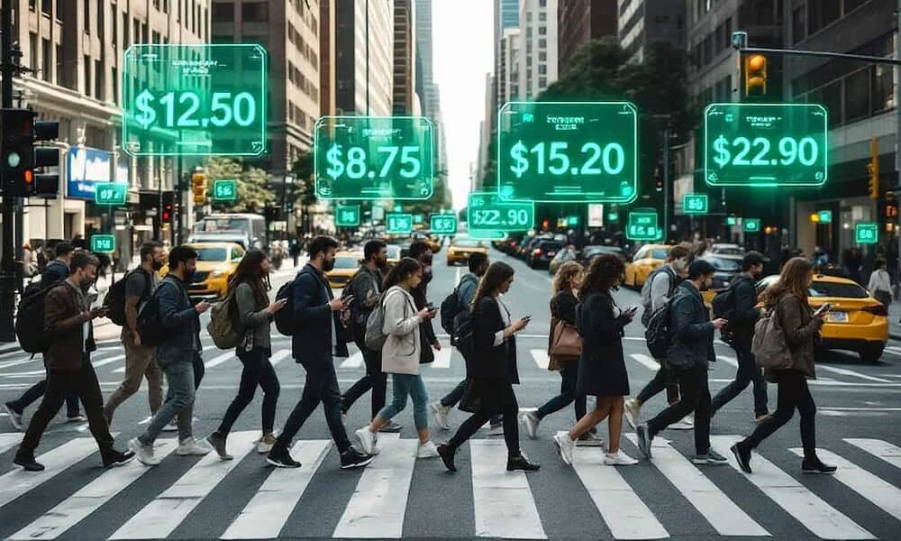 A busy city crosswalk filled with pedestrians on their smartphones, with futuristic digital price tags floating above the street, illustrating urban technology and digital innovations in daily life.