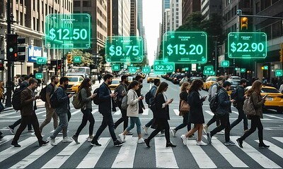 A busy city crosswalk filled with pedestrians on their smartphones, with futuristic digital price tags floating above the street, illustrating urban technology and digital innovations in daily life.