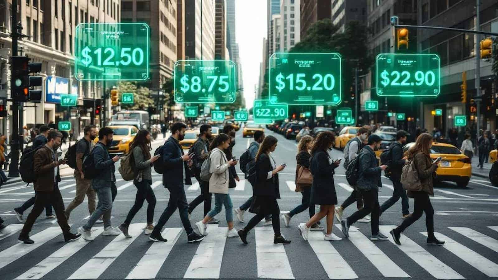 A busy city crosswalk filled with pedestrians on their smartphones, with futuristic digital price tags floating above the street, illustrating urban technology and digital innovations in daily life.