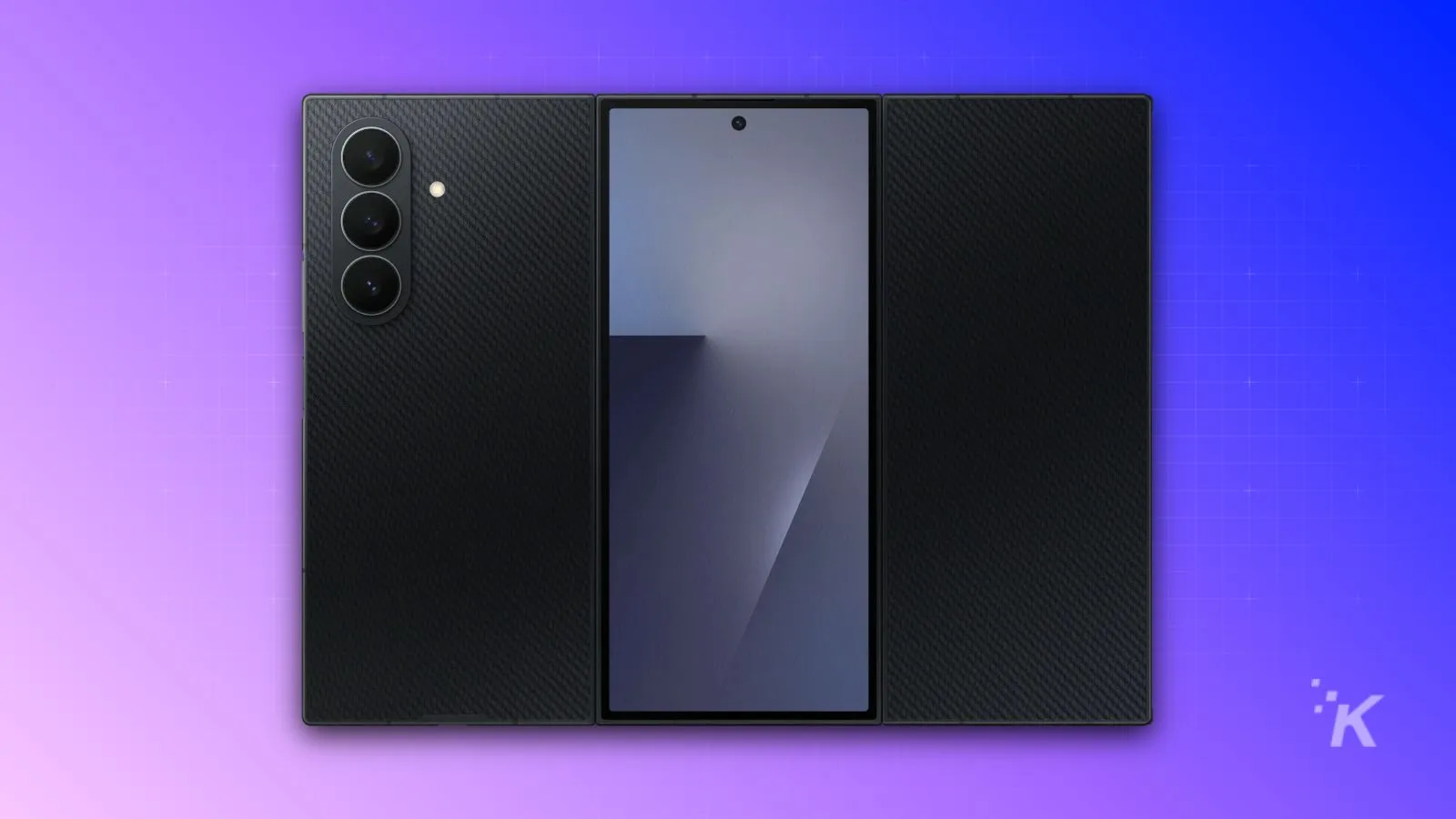 Black smartphone foldable design on purple background.