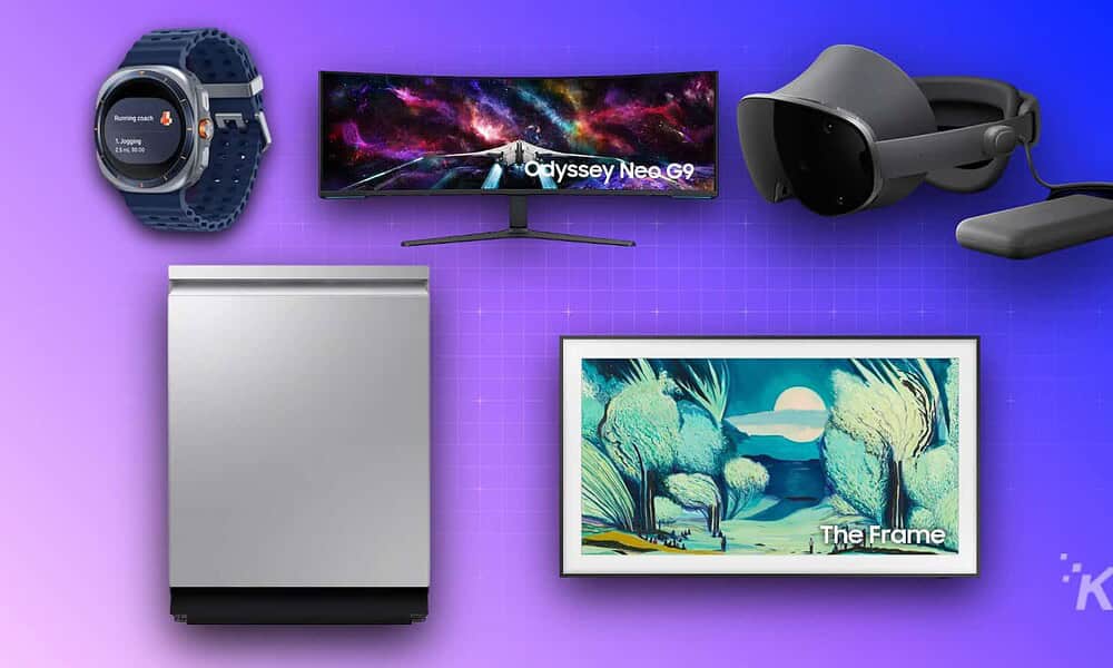 A collection of modern tech gadgets including a curved monitor, virtual reality headset, smartwatch, LED refrigerator, and a digital art frame on vibrant purple background.