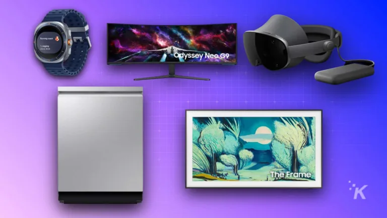 A collection of modern tech gadgets including a curved monitor, virtual reality headset, smartwatch, LED refrigerator, and a digital art frame on vibrant purple background.