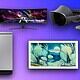 A collection of modern tech gadgets including a curved monitor, virtual reality headset, smartwatch, LED refrigerator, and a digital art frame on vibrant purple background.
