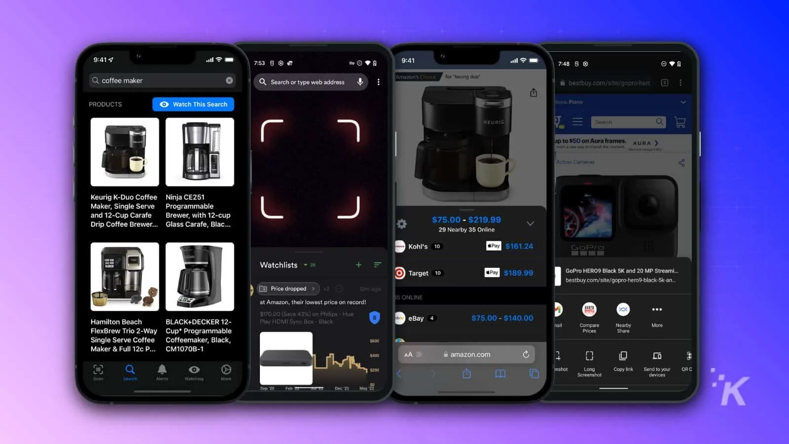Alt text: Mobile devices displaying coffee maker search, shopping, and barcode scanning for product comparison and online purchase, highlighting tech-savvy shopping with image recognition.