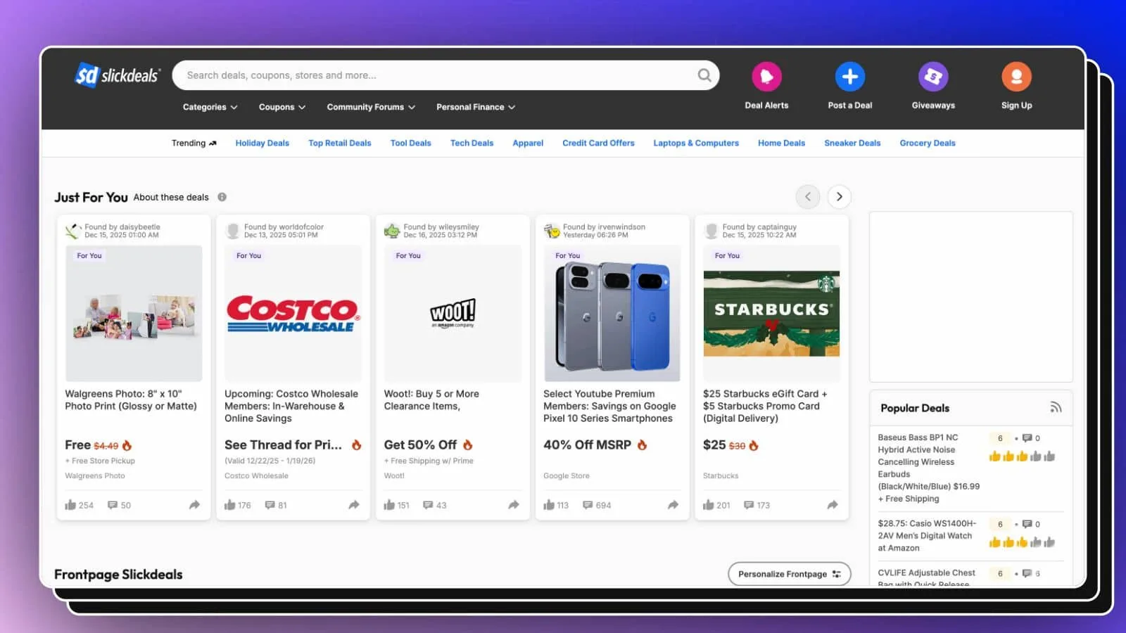 Screenshot of Slickdeals home page showcasing discounts and coupons for retail, tech, and grocery deals, with categories like Black Friday, Top Retail, and Tech Deals for online savings.
