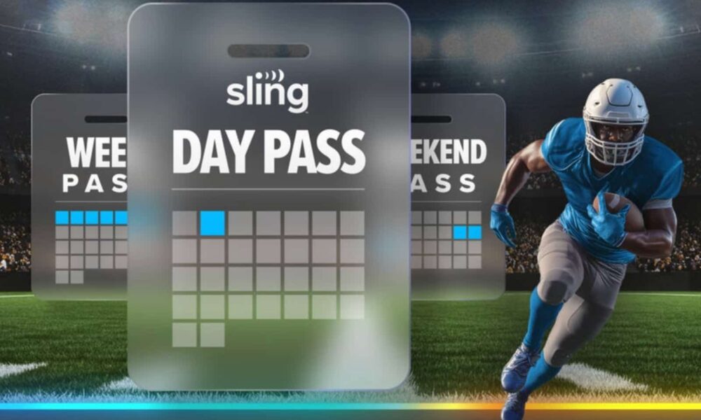 An image featuring Sling TV's day pass ticket options, including weekly and weekend passes, overlaid on a football field scene with a player running with the ball.