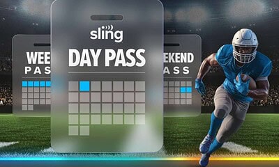 An image featuring Sling TV's day pass ticket options, including weekly and weekend passes, overlaid on a football field scene with a player running with the ball.