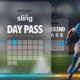 An image featuring Sling TV's day pass ticket options, including weekly and weekend passes, overlaid on a football field scene with a player running with the ball.